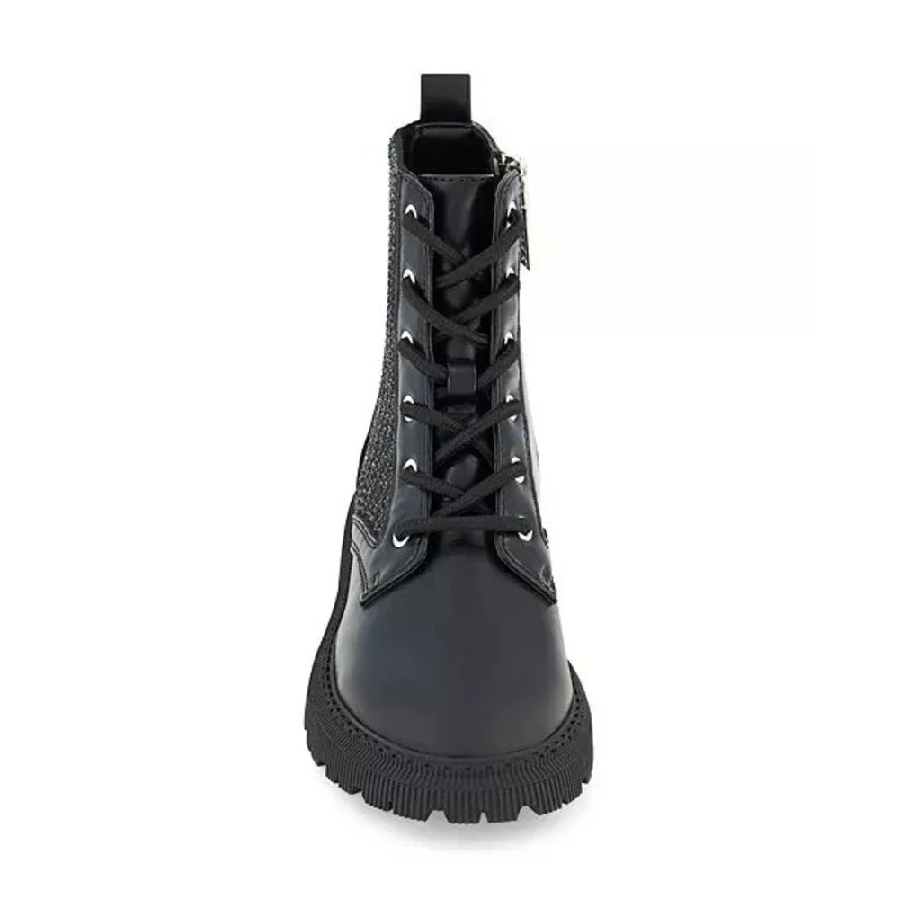 DKNY Kids Black Ava Menia Combat Boots Rhinestone Cuff Side Zip Lace Up Sz 2 NEW